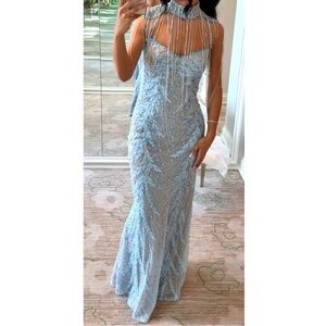 Hanna Gebran Toumajean Couture Blue and Purple Dress w/Beaded Neckpiece